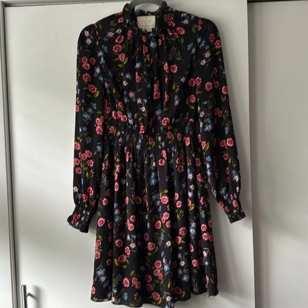 Kate Spade Black Meadow Floral Smock Waist Dress XS‎
